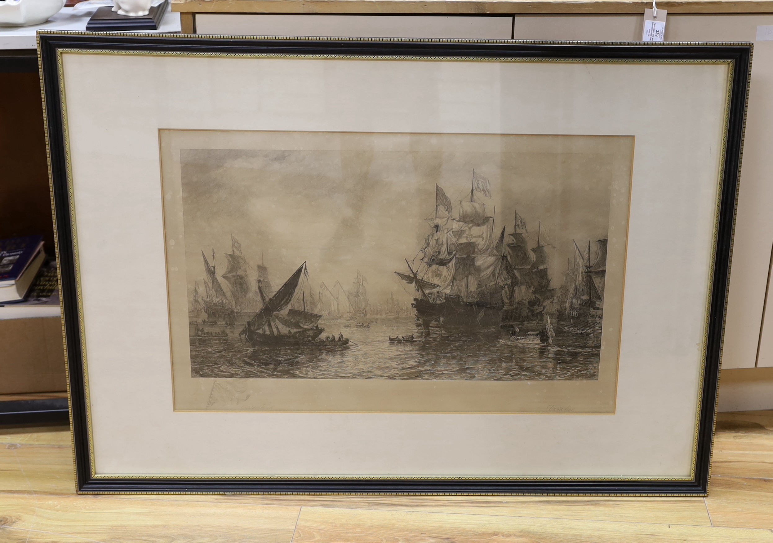 David Law after Oswald Brierly, engraving, The Spanish Armada sailing from Ferrol 12th July 1588, signed in pencil by both artists, overall 48 x 74cm